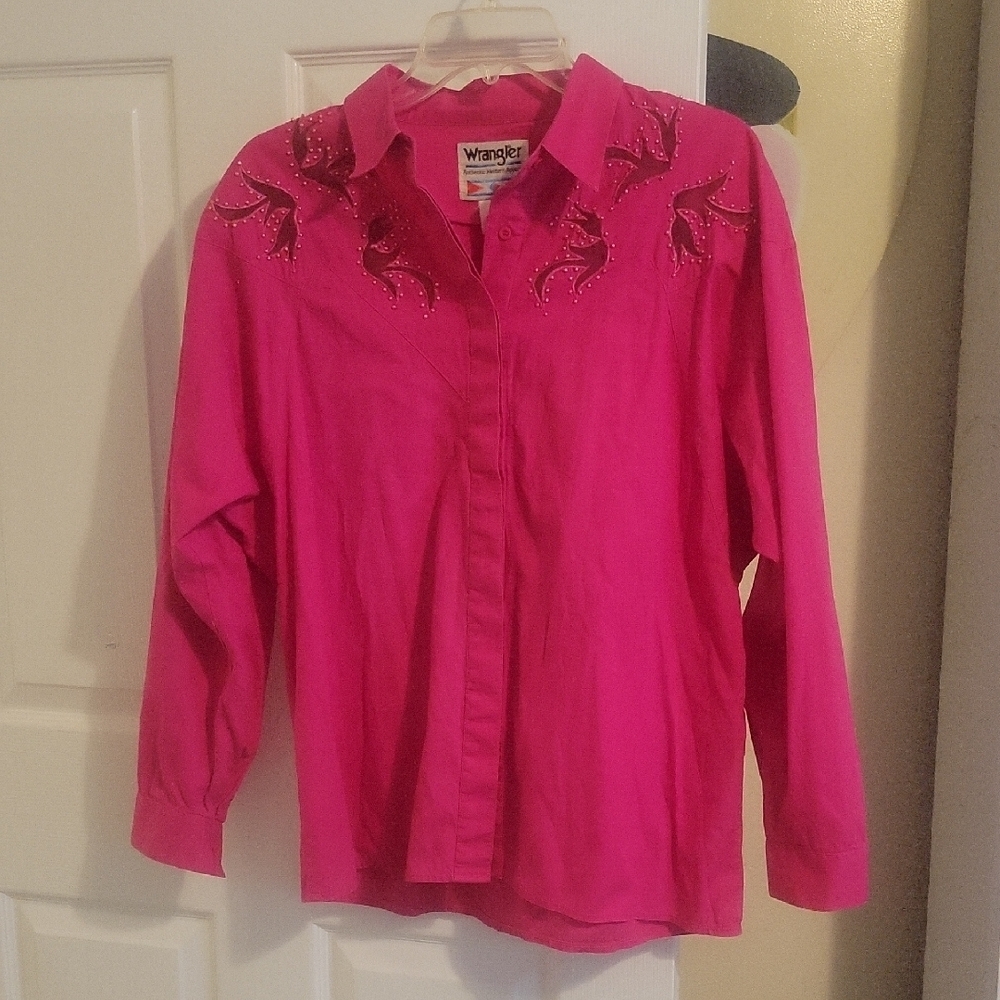 Wrangler SzXL cotton Pink Western Blouse sheer insets and beadwork
